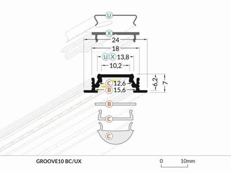 Profil wpuszczany do taśm LED Groove10 BC/UX anodowany 2 metry